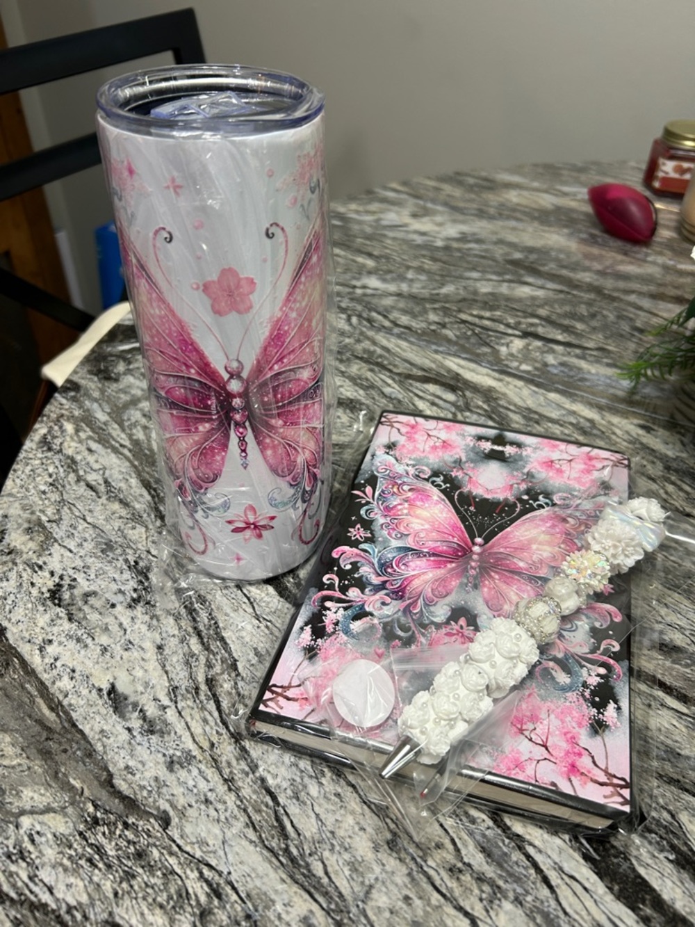 Pink Butterfly Travel Tumbler & Notebook Set